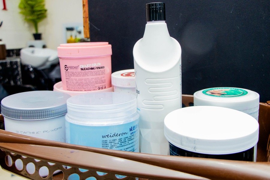 Close view of hair treatment product jars
